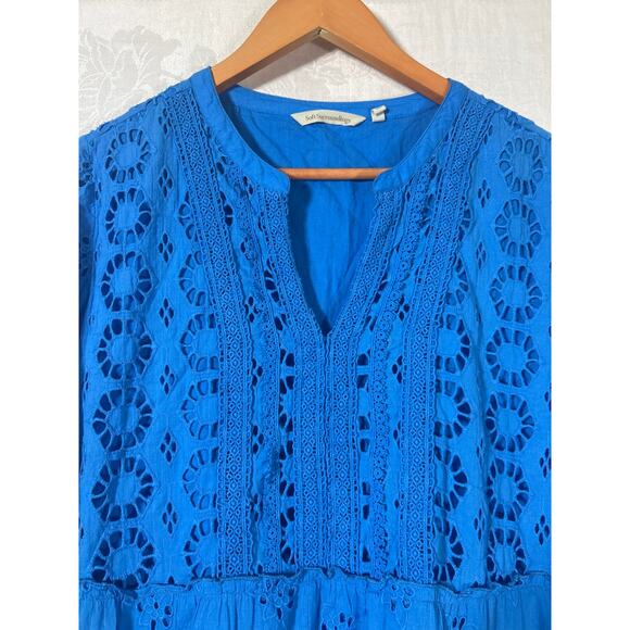 Soft Surroundings Dress 14 Blue Eyelet Tiered Long Slv Knee Length Lined Crochet - Picture 5 of 9